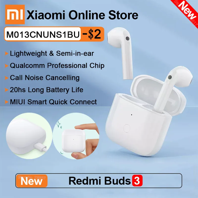 

New Xiaomi Redmi Buds 3 TWS Wireless Earbuds Bluetooth 5.2 Earphones Noise Canceling IP54 waterproof headphones MIUI connect
