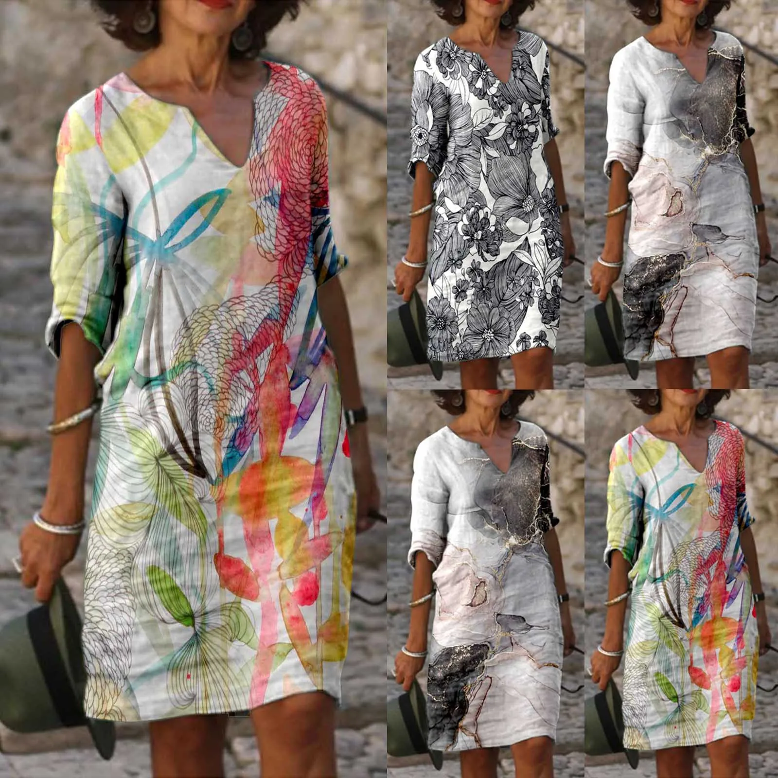 

2022 Summer Loose Vntiage Dresses Ladies Fashion Boho Print Beach Holiday Vestidos Women V Neck Casual Pullover Mini Dress Robe