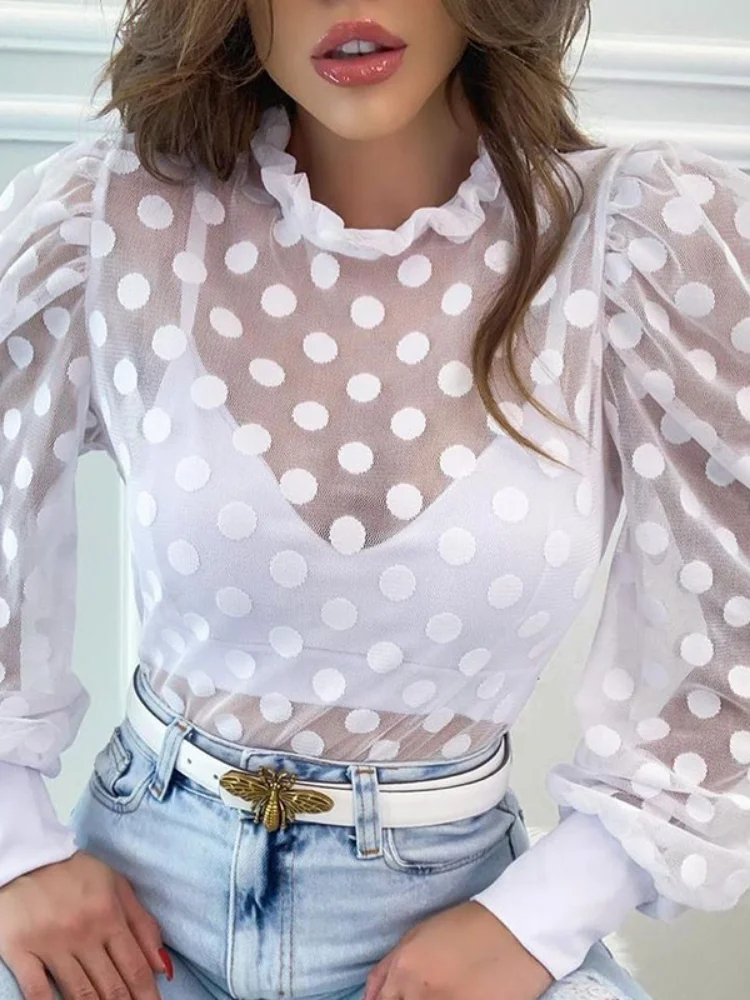 Блузка в горошек с рюшами и пышными рукавами женская элегантная модная вечерние