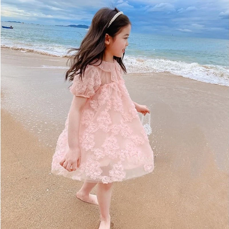 

2023 New Girls Casual Dresses Short Sleeve Princess Bubble Sleeve Summer Children's Clothing Dress for Girls 2-11 years old