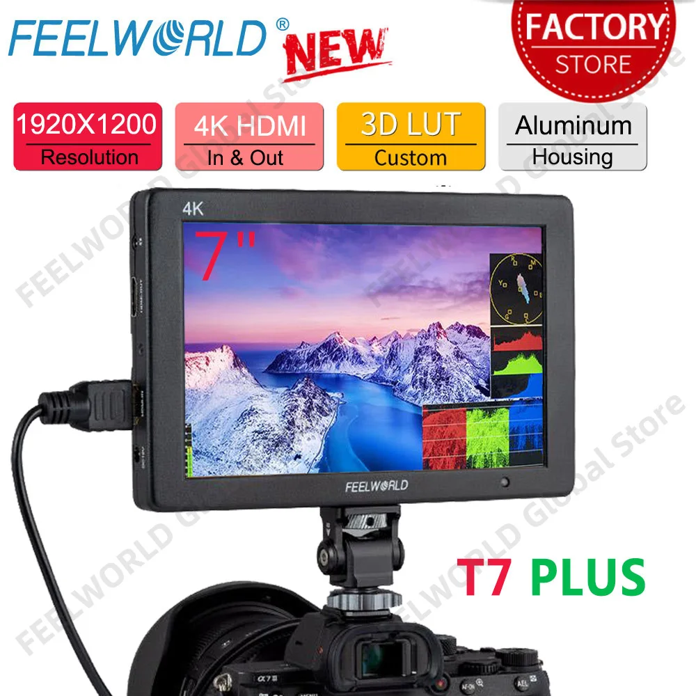 

Feelworld T7 PLUS 7 Inch 3D LUT On Camera Field DSLR Monitor 4K HDMI Full HD 1920x1200 IPS Waveform Vector Aluminum Housing
