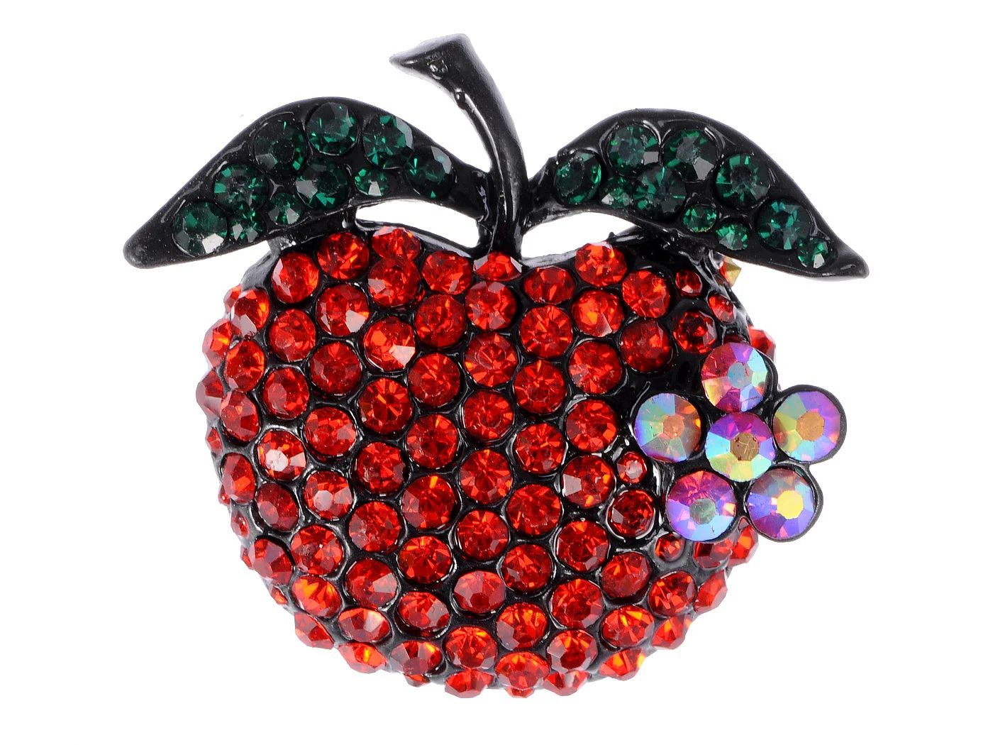 

Sparkly Ruby Green Crystal Rhinestones Floral Red Apple Fruit Brooch Pin