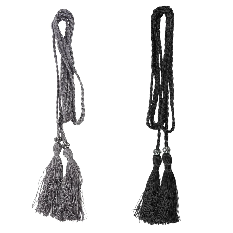 

Woven Tassel Belt Knot Decorated Waist Chain Waist Rope Silver & Black 2PCS