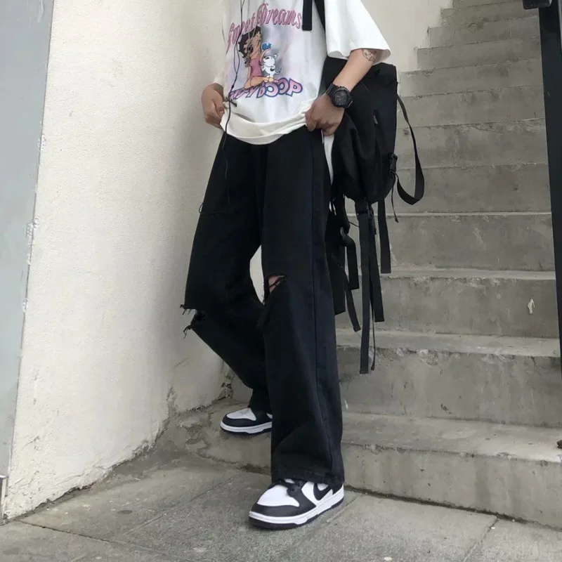 Summer Ripped Jeans Men Fashion Casual Wide Leg Jeans Men Streetwear Loose Hip Hop Hole Straight Denim Pants Mens Trousers S-5XL