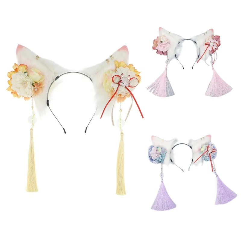 

Furry Cats Ears Headband with Flowers Plush Animal Ears Gothics Accessory