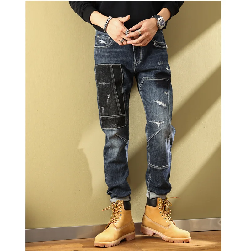 Streetwear Men 2022 Autumn Winter Splicing Color Contrast Jeans Men's High Street Fashion Elastic Patch Loose Oversize Pants