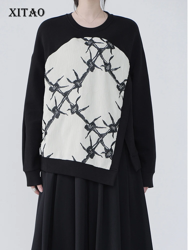 

XITAO/Футболки с О-образным вырезом и контрастным принтом; Свободные Лоскутные Осенние футболки с длинными рукавами; Новая мода; Универсальная модель DMJ2708