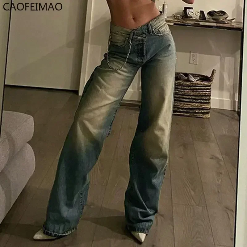 Caofeimao винтажные джинсы для женщин эстетические брюки-клеш с низкой посадкой