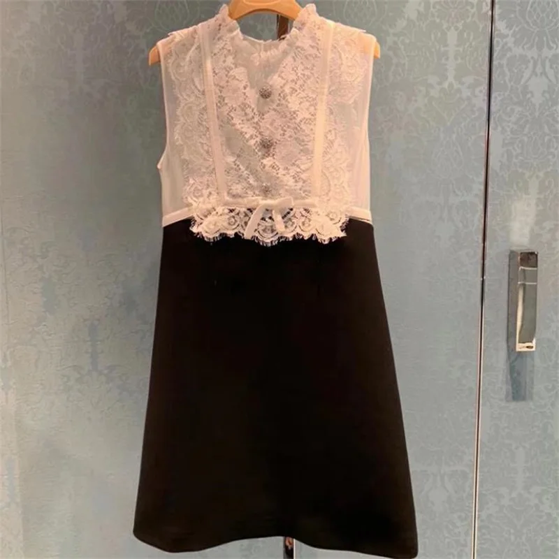 

White lace dress women's new sexy party backless temperament stitching sleeveless a-line vest dress