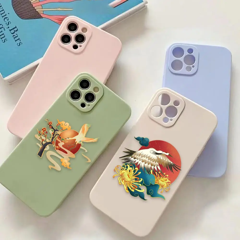 

Hand-painted Cranes Flowers Birds Colorful Liquid Case For iPhone Apple 14 13 11 12 X XS 7 8 Pro Plus Max Mini Hand Strap Fundas