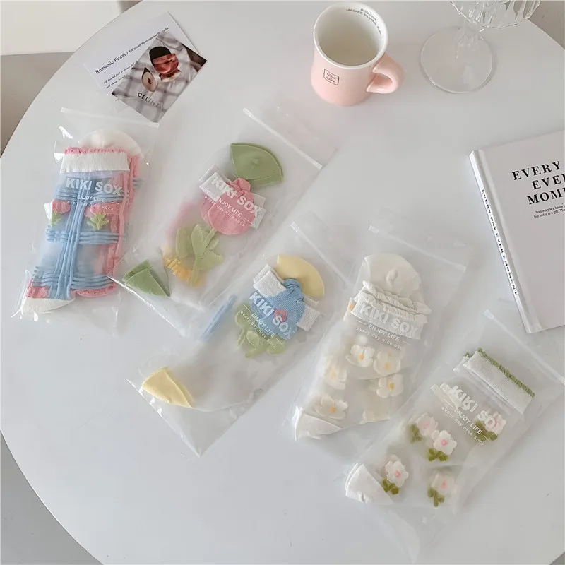 3PAIRS Women's Summer New Tulip Kanekalon Tube Socks Thin Breathable Mesh Sweet College Style Glass Stockings