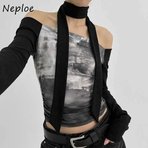 Neploe Print Slim Commuter Simple Korea Chic Top Женский корейский шикарный топ со вставками и разрезом на шее Y2K Футболка Шарф Harajuku 2000S Mujer