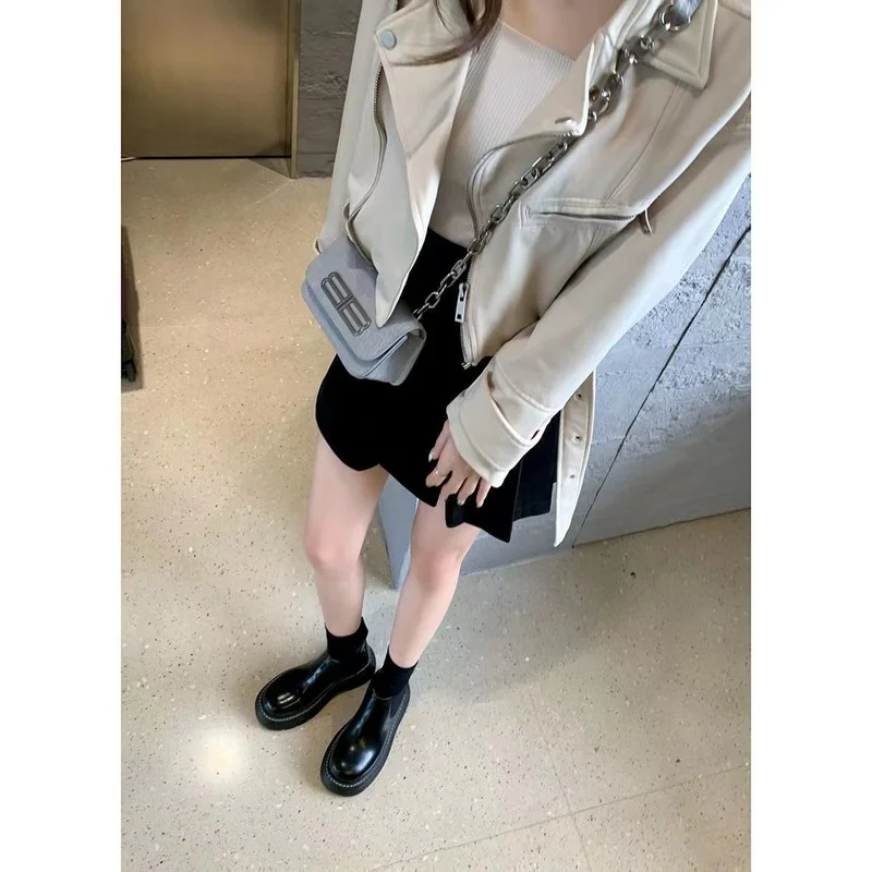 

Женские ботинки челси из натуральной кожи, Подиумные короткие ботинки на толстой подошве, с круглым носком, без застежки, на плоской платфор...