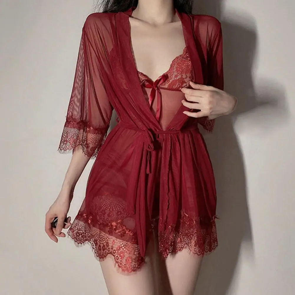 

3pcs Set Coat Nightdress G-string Set Bow-knot Perspective Lace Lingerie Warm Spaghetti Strap Nightdress Belt Set Sleepwear New