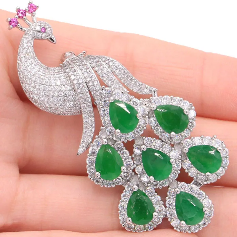 

62x28mm Fantastic Phoenix Shape Real Red Rubies Real Green Emerald Tourmaline White CZ Ladies Party Silver Pendant