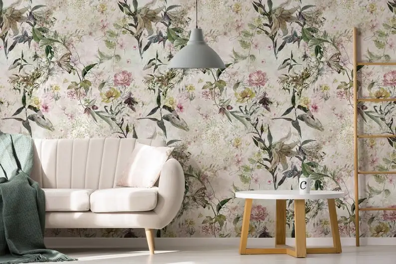 

Watercolor wallpaper, leaf and flowers pattern, Wall Mural, Removable Wallpaper, Self Adhesive, Peel and Stick, Wall Decor
