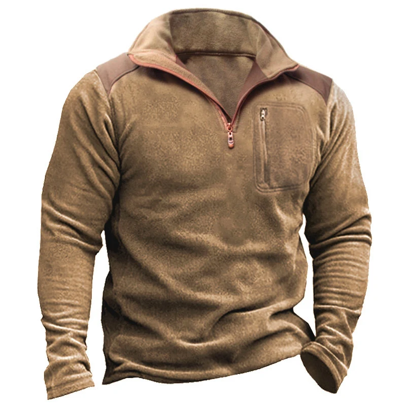 

Fashion Patchwork Solid Color Tops Mens Fall Vintage Turn-down Collar Zipper Sweatshirts Men Leisure Long Sleeve Loose Pullover
