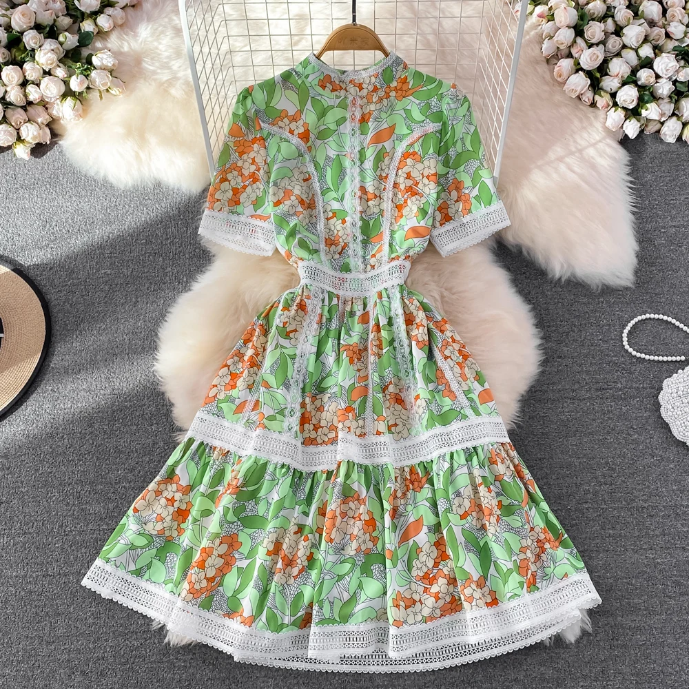 

SuperAen 2022 Summer New European Stand Collar Big Swing Lace Hollow Stitching Short Sleeve Printed A-line Dress