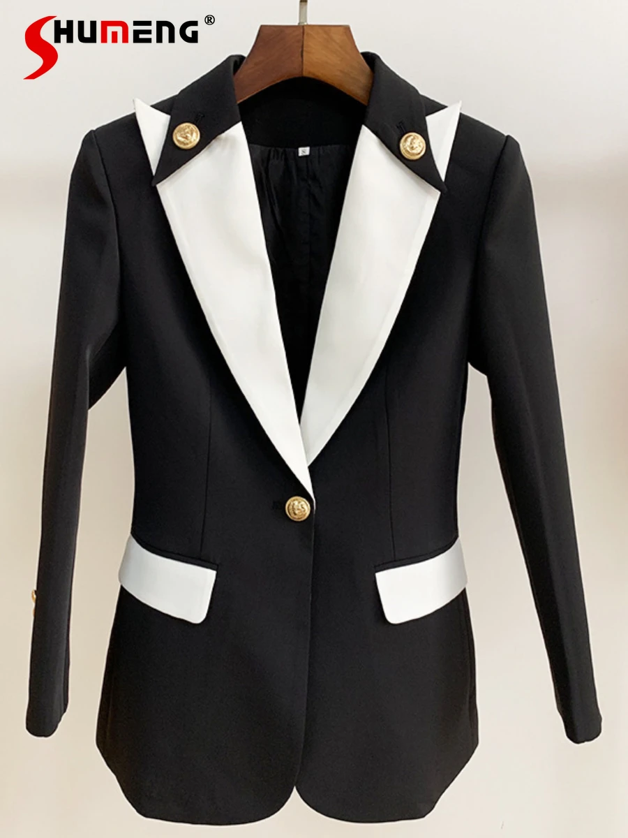

2022 Autumn and Winter Women's Suit Jacket Black and White Color Effect Collar Decorative Metal Lion Head Buckle One Button Suit