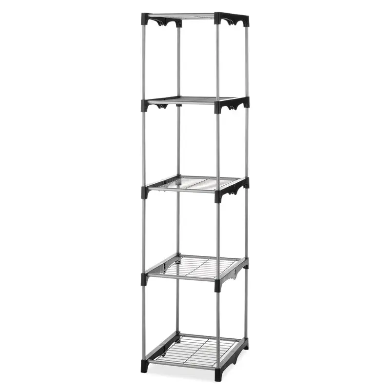 

2023 NEW 5-Tier Shelf Tower Closet System, Metal with Plastic Connectors, Silver and Black