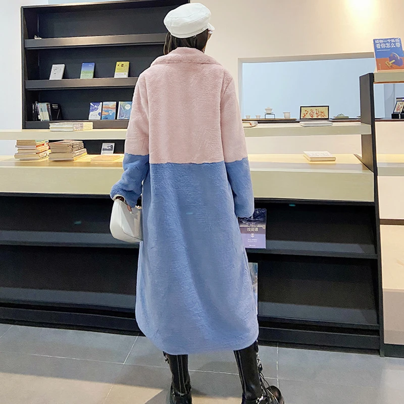 X-Long Winter Fur Coat Women Warm Parkas Jacket Fashion Stitching Color Loose Thick Faux Fur Coat Women Oversized Jacket 5XL