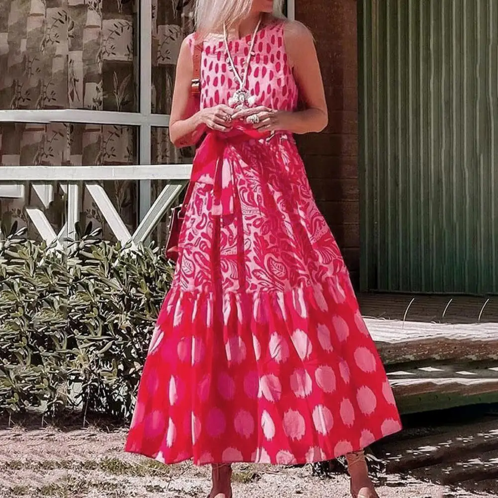 

O-Neck Belt Backless Beach Dress Dot Print Sleeveless Women Long Dress Sundress
