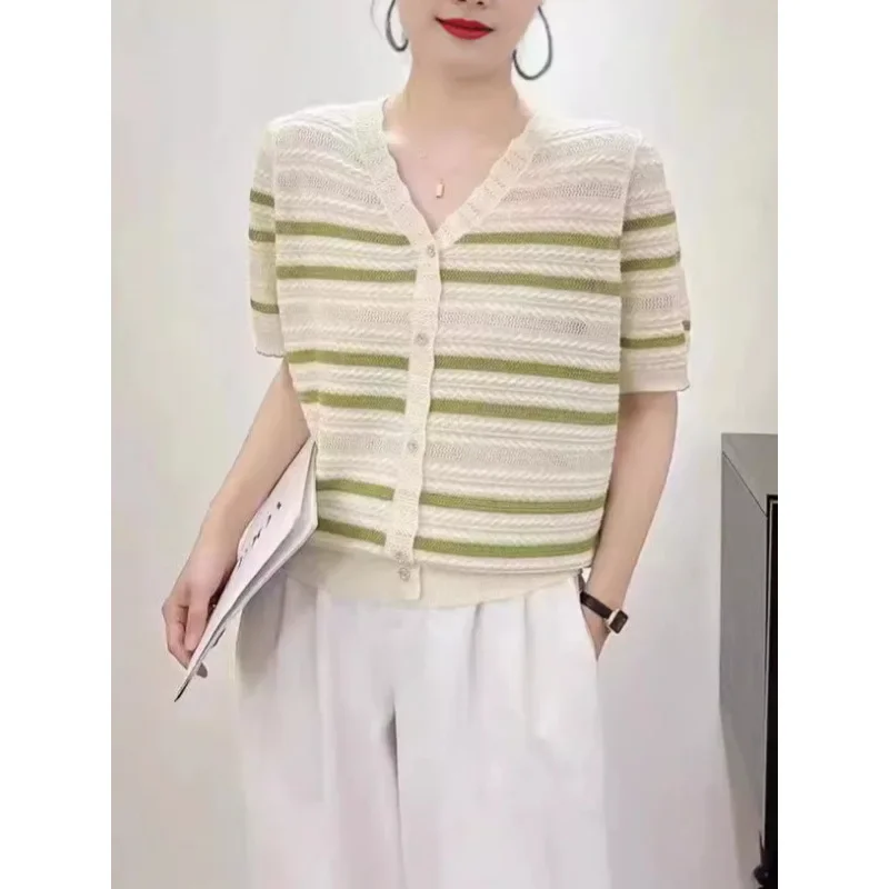 Искусственный кардиган из ледяного шелка с v-образным вырезом полосатый вязаный