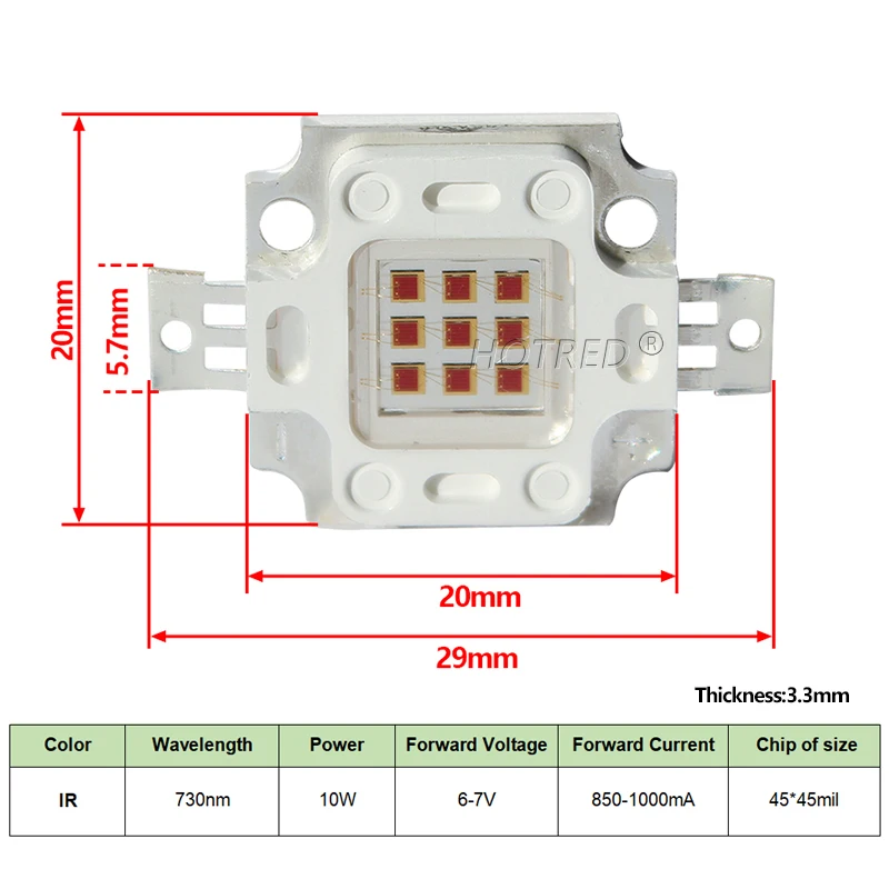 Высокомощный ИК-чип Epistar 10 Вт 730nm 850nm 940nm
