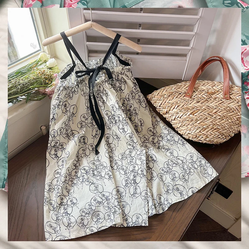 Princess Summer Strap Beach Festive For Girl A-line Skirt Cotton Loose Fitting Midi Korean Style Kids Dresses From 3 To 9 Years