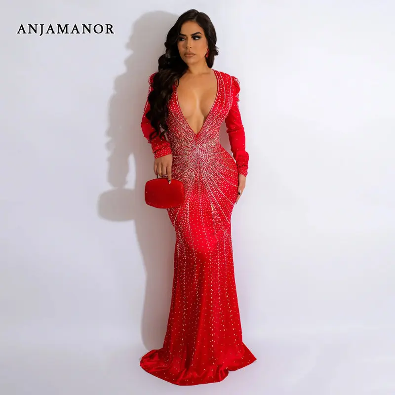 

ANJAMANOR Crystal Luxury Evening Dresses 2023 Elegant Sexy Party Deep V Neck Long Sleeve Flare Hem Maxi Dress Red Black D57AAC55