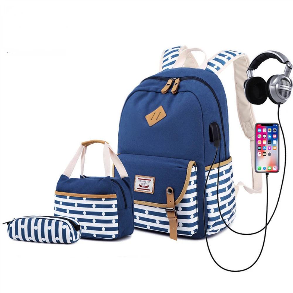 Canvas School Bags Striped Rucksack Casual Daypack Laptop Backpack College Student Bag Backpack , with Lunch Box Bag Pencil Case