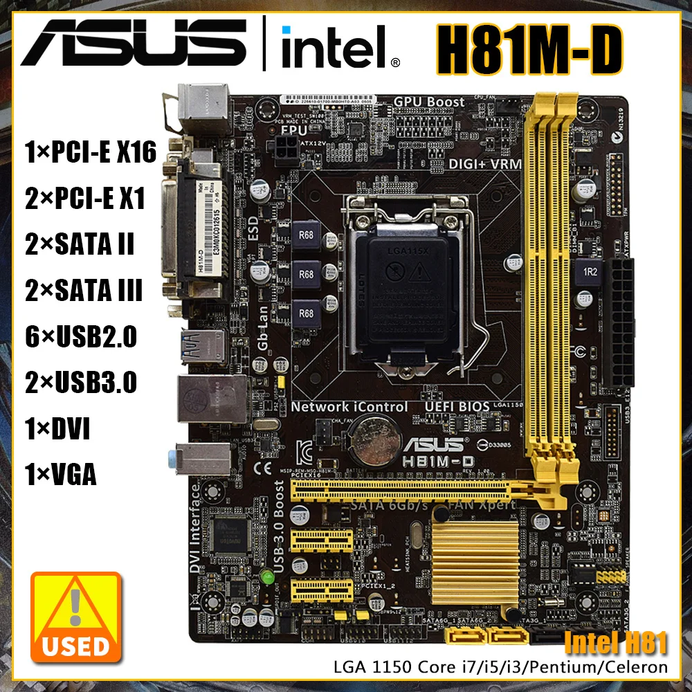 

ASUS H81M-D Motherboard Intel H81Chipset Realtek RTL8111G Gigabit LAN LGA 1150 Slot Support Dual Channel DDR3 1600/1333/1066MHz