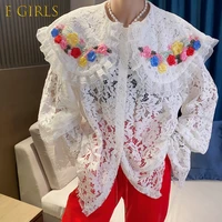 e girls korea floral peter pan collar woman blouses chic embroidery lace shirt 2022 spring new sweet flare sleeve blusas mujer