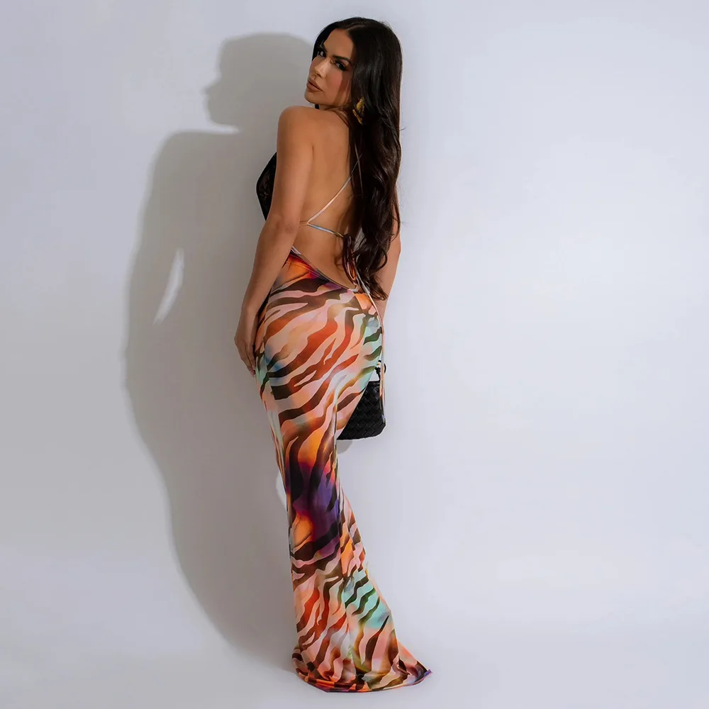 Платье женское длинное кружевное с открытой спиной и V-образным вырезом