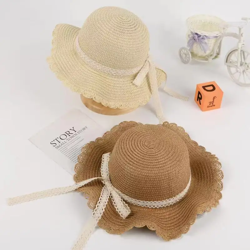 

Summer Children Girls Lace Ribbon Wave Straw Hat Baby Sun Cap Beach Panama Hat For Kids Girls