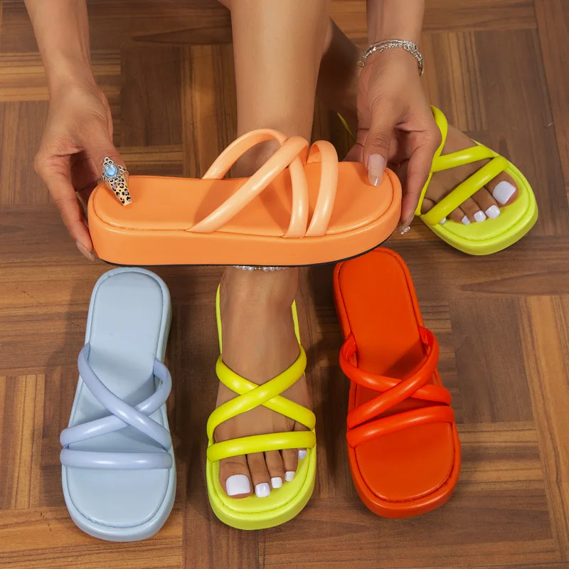2023 Summer Women Casual Platform Slippers Fashion Open Toe Flat Heel Flip Flops Ladies Outdoor Beach Slides Shoes Plus Size 43