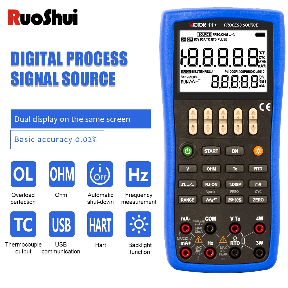 

Victor 11+ Process Signal Source High Accuracy DC mV/mA Output Thermal Resistance Thermocouple Frequency Calibrator RTD Simulate