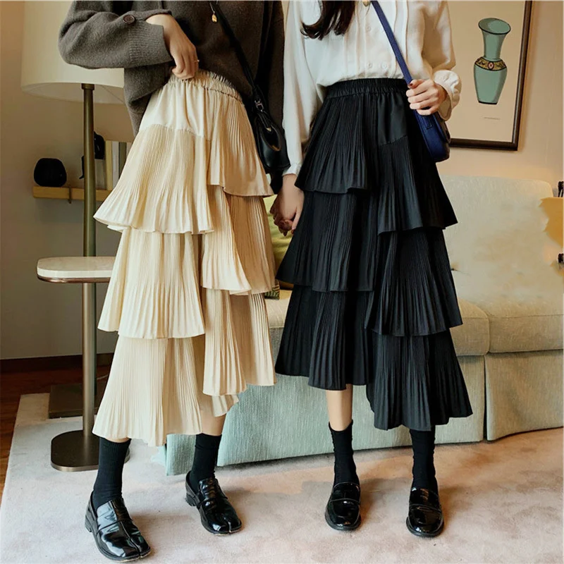 High Waist Black Irregular Cake Skirt Women Retro Casual Multi-layer Pleated Ruffles Korean Fashion Clothing Faldas Mujer Street