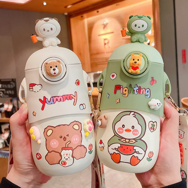 500ML New Kawaii Bear Thermos Cute Kids Straw Water Bottle Insulated Stainless Steel Student Girls Thermal Drink Bottles Mug