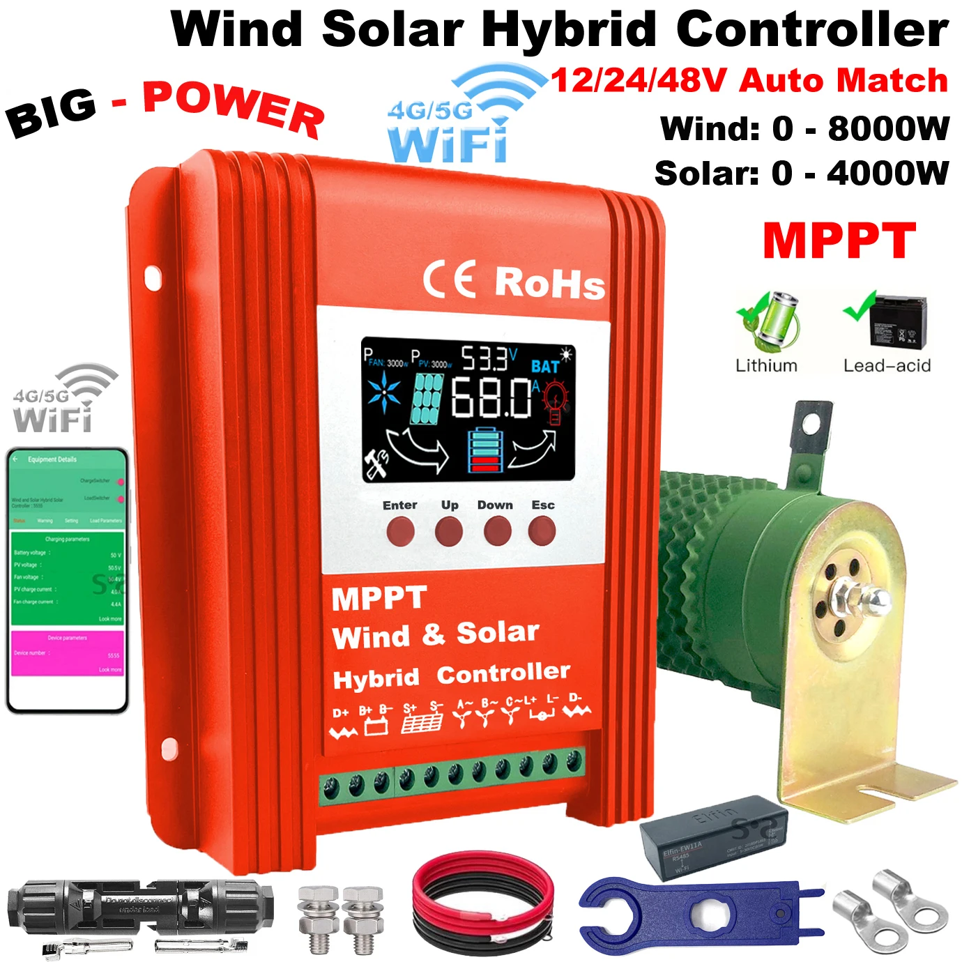

4000W 8000W Wind Solar Hybrid Charge Controller with Equalizer, 12V 24V 48V , MPPT for Solar and Wind, for Lithium Lead Battery