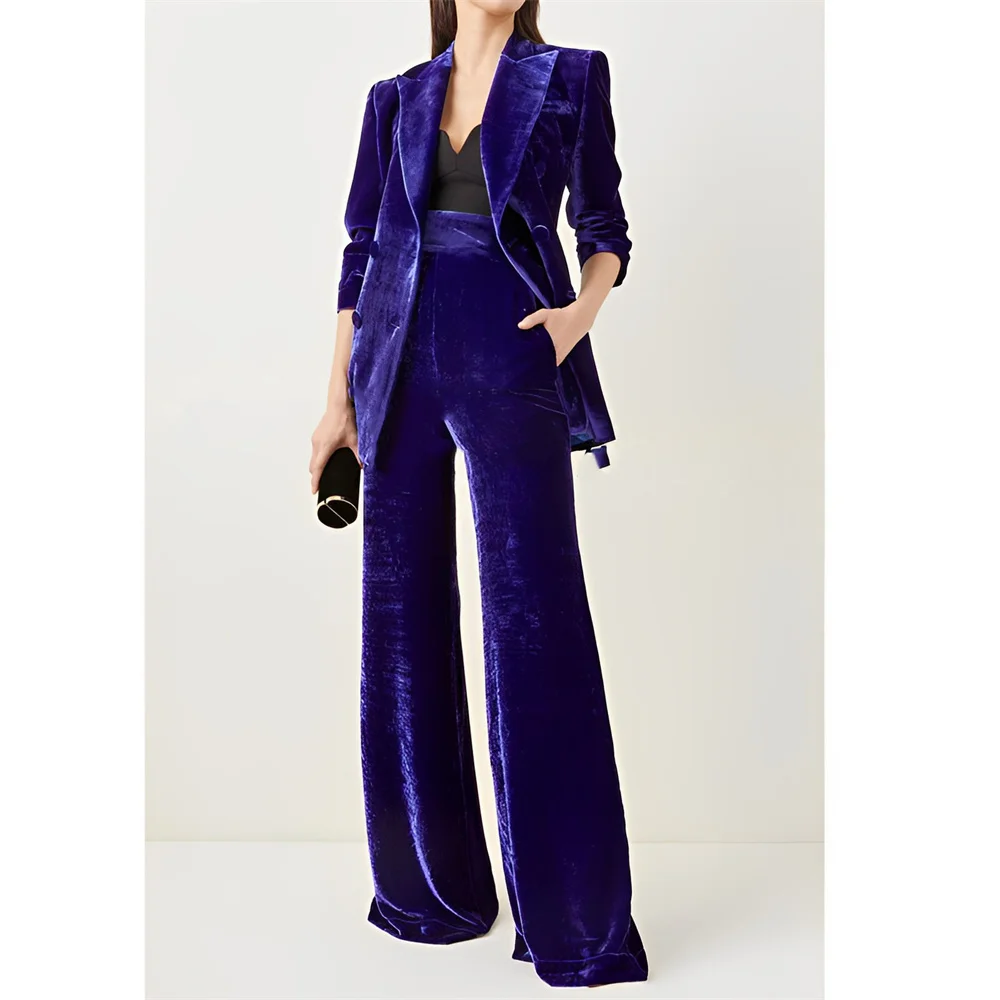 2 Piece Set For Women's Suits Velvet Office Ladies Blazer and High Waist Trousers Double Breasted Lapel Slim Business Clothing