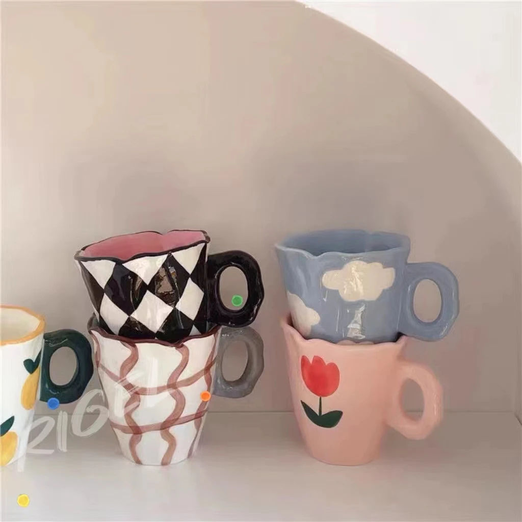 

Ins Handmade Ceramic Coffee Mug 250ml Cute Bear Tulip Cloud Household Milk Cup Creative Fashion Birthday Gift Irregular