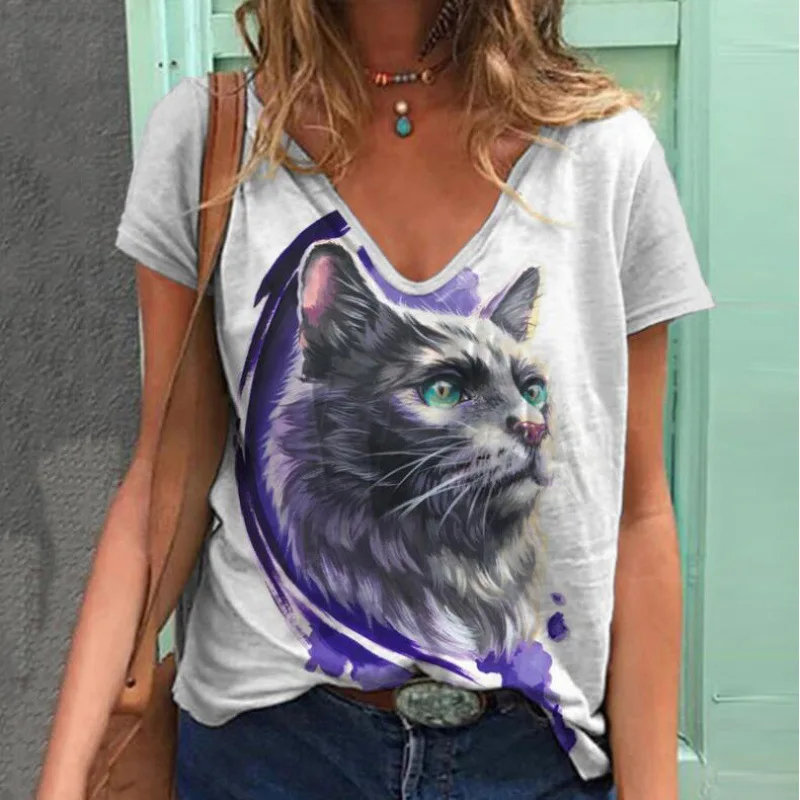 

2022 Summer Beautiful Women's Clothing Cute Pet Series V-neck 3D Printing Daily Short-sleeved T-shirt Trend All-match V-neck Top