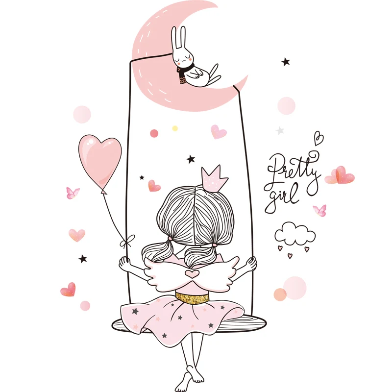 shijuehezi girl on the swing wall stickers diy moon rabbit mural decals for kids rooms baby bedroom nursery house decoration free global shipping