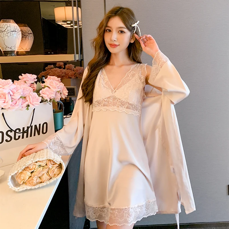 Sexy Nightgown For Women Summer New In Pajamas Sets With Sling And Robe Comfortable White Silk Lace Design Girl's Night Dress