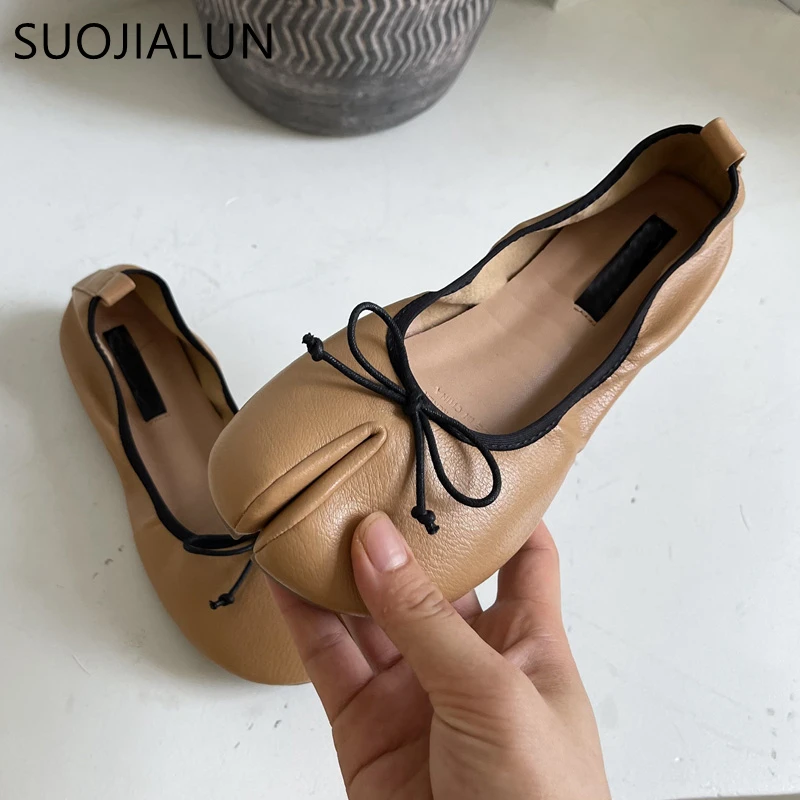 SUOJIALUN 2022 Summer 2022 Women Flat Shoes Fashion Split Toes Ladies Soft Casual Loafer Shallow Slip On Dress Ballerina Mujer