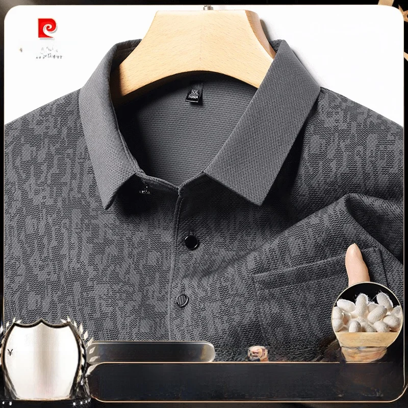 Pierre Cardin 2024 новая мужская шелковая рубашка-поло с длинными рукавами деловая