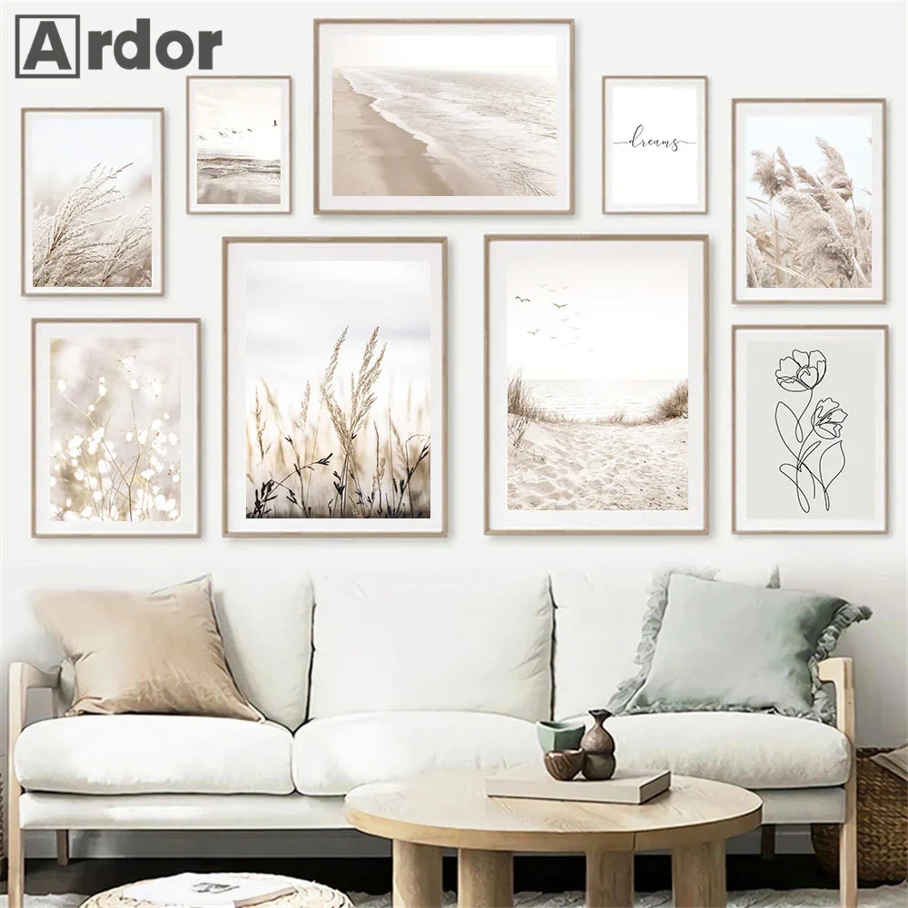 

Beach Waves Plant Grass Reed Poster Wall Art Canvas Painting Beige Scenery Posters And Prints Nordic Wall Pictures Bedroom Decor