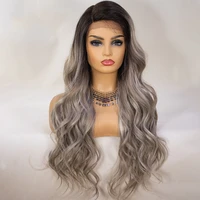 kryssma long wavy synthetic lace front wigs for women gray loose wave lace wigs side part glueless heat resistant hair wig