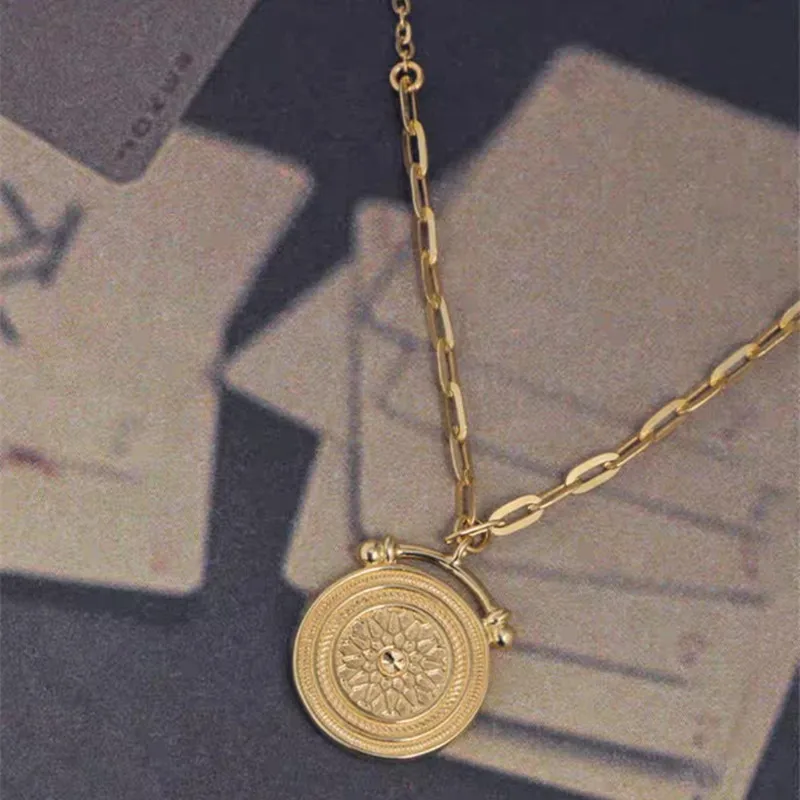 

UBESTNICE Medieval Style Real 18K Original Gold Jewelry AU750 Vintage Round Gold Coin Pendant Link Chain Necklaces for Women